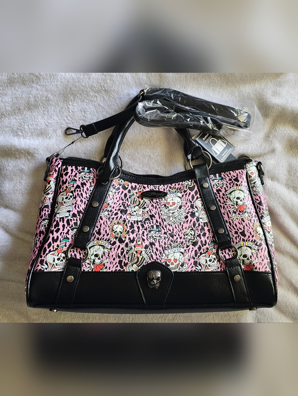 Ed Hardy pink leopard skull print satchel handbag